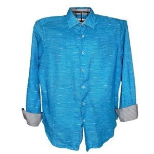 Robert Graham Brixton Blue Linen Cotton Button Down Shirt Mens Large Flip Cuff